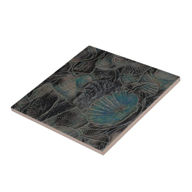 Sea Shells Ocean Beach Teal Black Art Nautical Tile (Side)