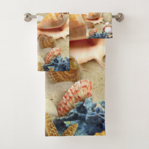 Sea shells on beach bath towel set