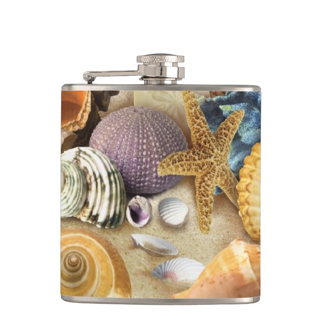 Sea shells on beach hip flask (Front)