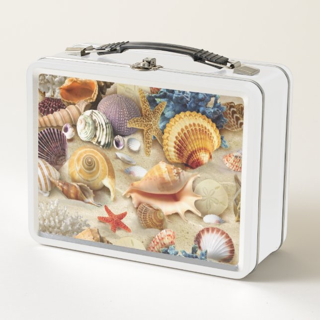 Sea shells on beach metal lunch box (Front)