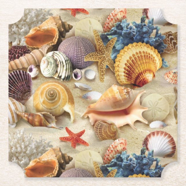 Sea shells on beach paper coaster (Front)