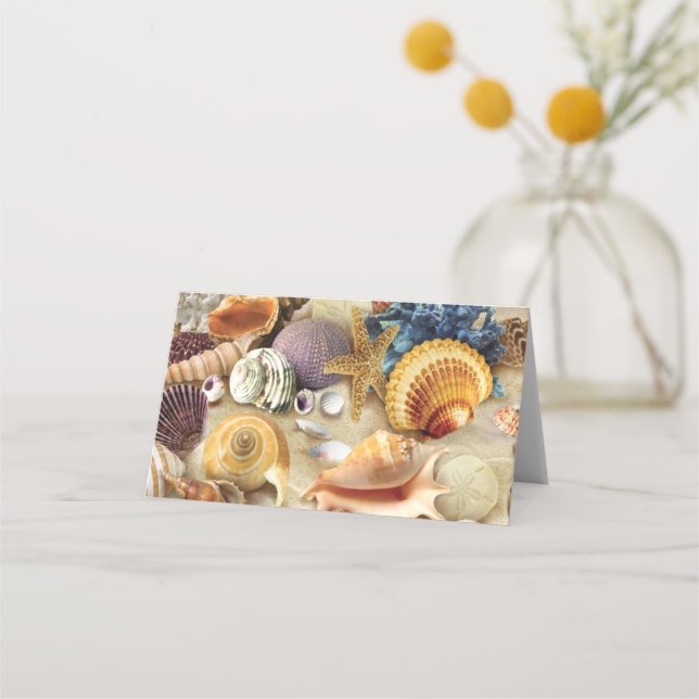 Sea shells on beach place card (Front)
