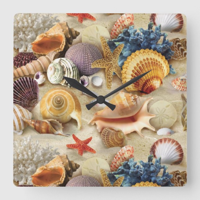 Sea shells on beach square wall clock (Front)
