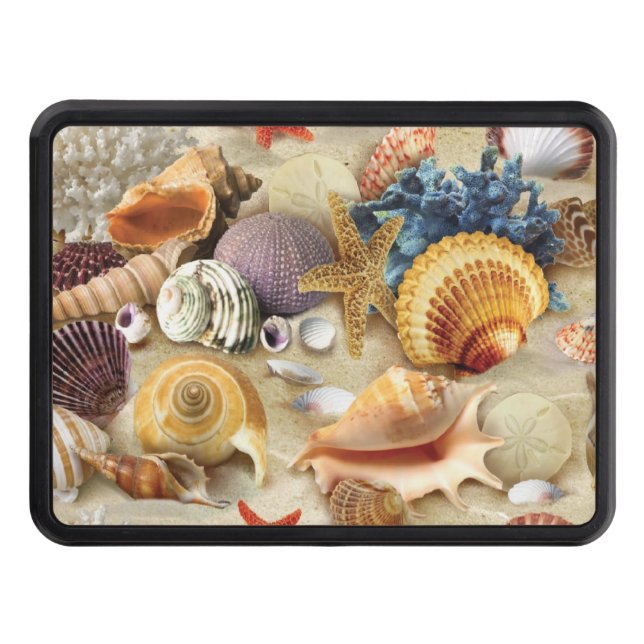 Sea shells on beach trailer hitch cover (Front)