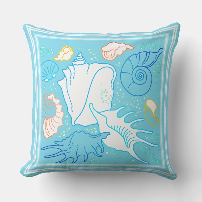 Sea Shells on Bright Blue White Trim Throw Pillow (Front)