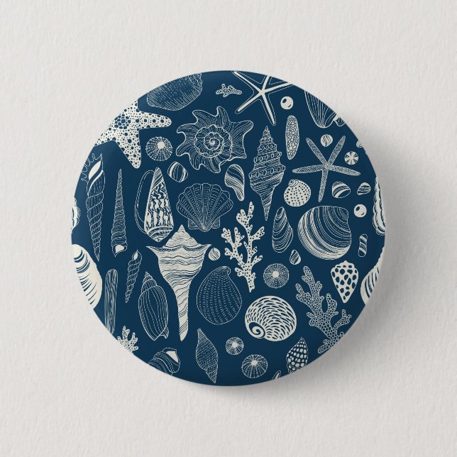 Sea shells on  dark blue 2 inch round button (Front)