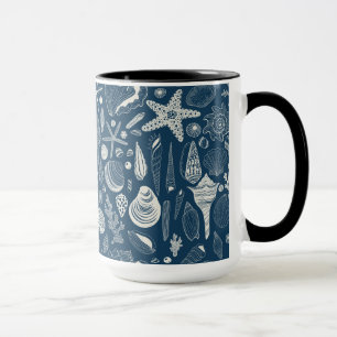 Sea shells on  dark blue mug