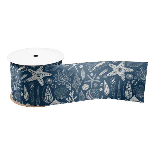 Sea shells on  dark blue satin ribbon (Spool)
