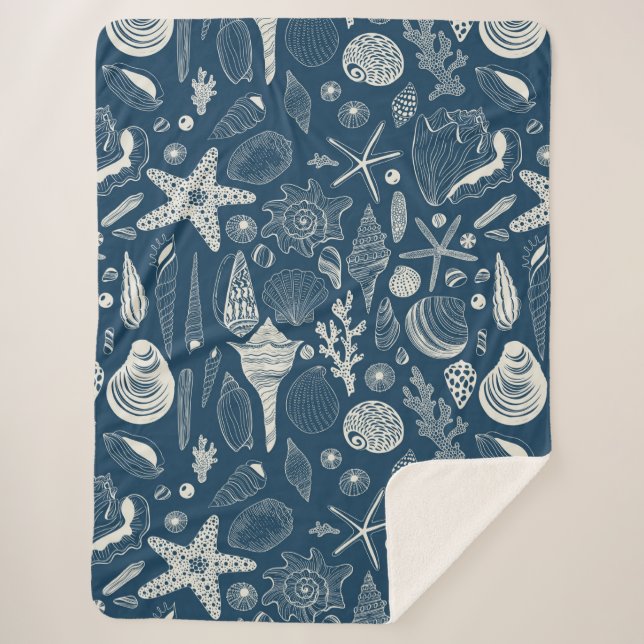 Sea shells on  dark blue sherpa blanket (Front)