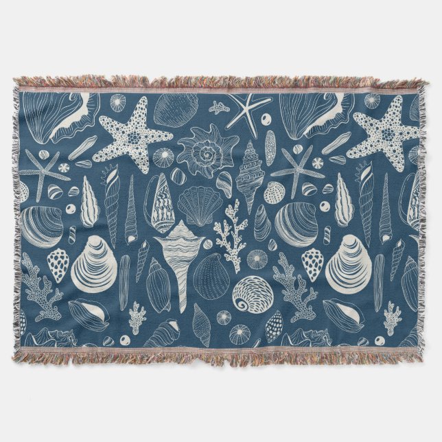 Sea shells on  dark blue throw blanket (Front)