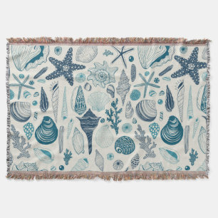 Sea shells on  off white throw blanket