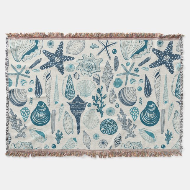 Sea shells on  off white throw blanket (Front)