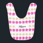 Sea Shells & Starfish, Black Script Name/Monogram Bib<br><div class="desc">Personalize black script name,  monogram or message with pink sea shells and gold starfish on white background.</div>