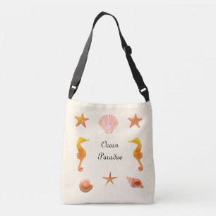Sea shells, stars calligraphy & seahorses on ivory crossbody bag