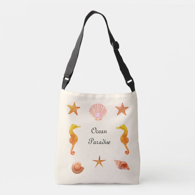 Sea shells, stars calligraphy & seahorses on ivory crossbody bag (Back)