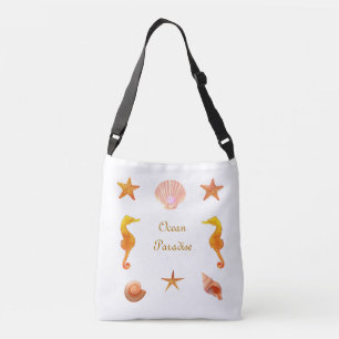 Sea shells, stars calligraphy & seahorses on white crossbody bag
