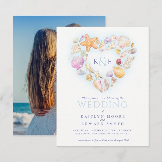 Sea shells watercolor heart beach blue invitation (Front/Back)