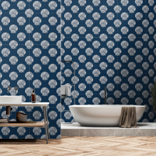 Sea Shells White on Dark Blue Beach Wallpaper