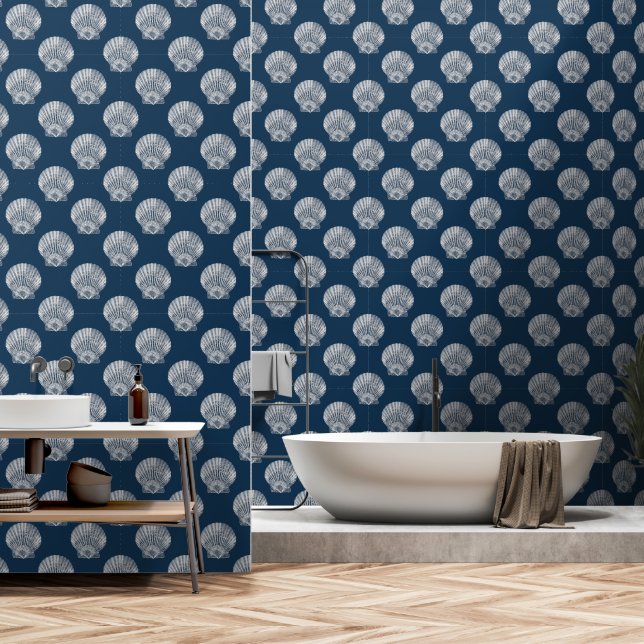 Sea Shells White on Dark Blue Beach Wallpaper (Bathroom)