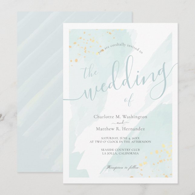 Sea Splash Watercolor Pale Turquoise Blue Wedding Invitation (Front/Back)