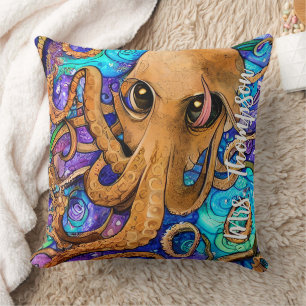 Sea Squid with Personalized Name Throw Pillow