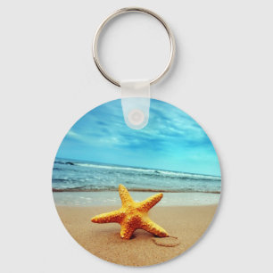 Sea Star On The Beach, Blue Sky, Ocean Keychain