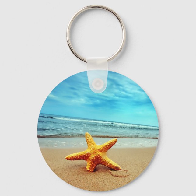 Sea Star On The Beach, Blue Sky, Ocean Keychain (Front)