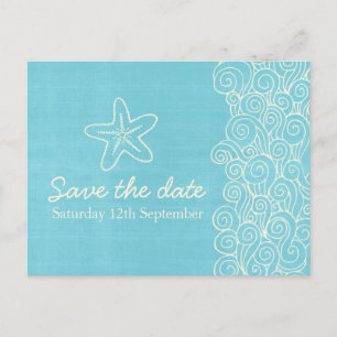 Sea star & swirls blue & cream save the date card