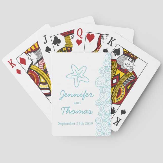 Sea star & swirls blue wedding name playing cards (Back)