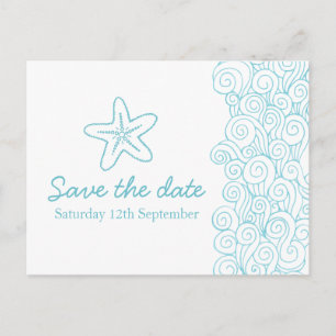 Sea star & swirls blue & white save the date card