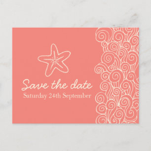 Sea star & swirls coral & cream save the date card