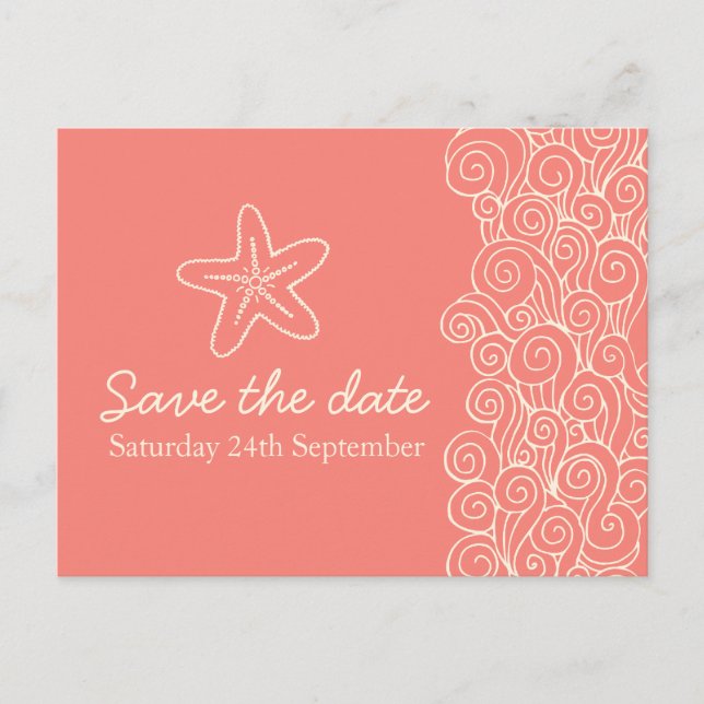 Sea star & swirls coral & cream save the date card (Front)