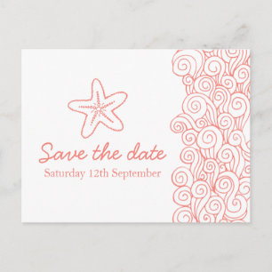 Sea star & swirls coral & white save the date card