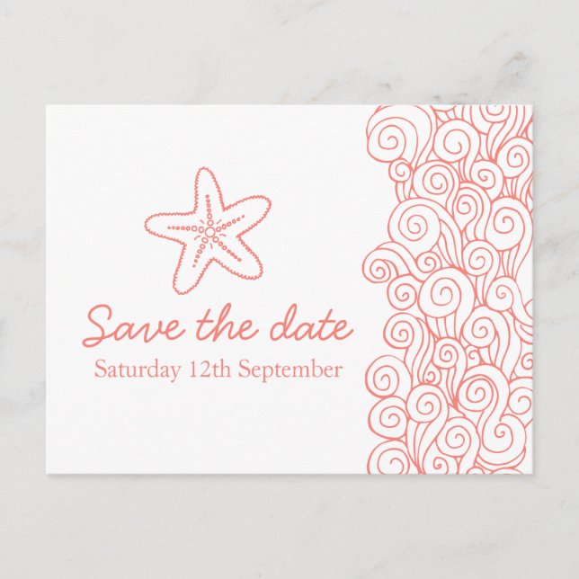 Sea star & swirls coral & white save the date card (Front)