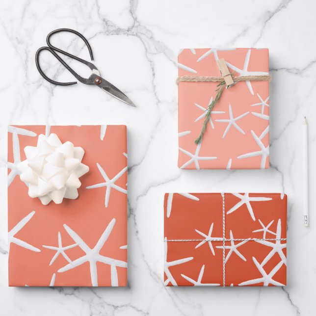 Sea Stars Pattern Coral Pink Wrapping Paper (Front)