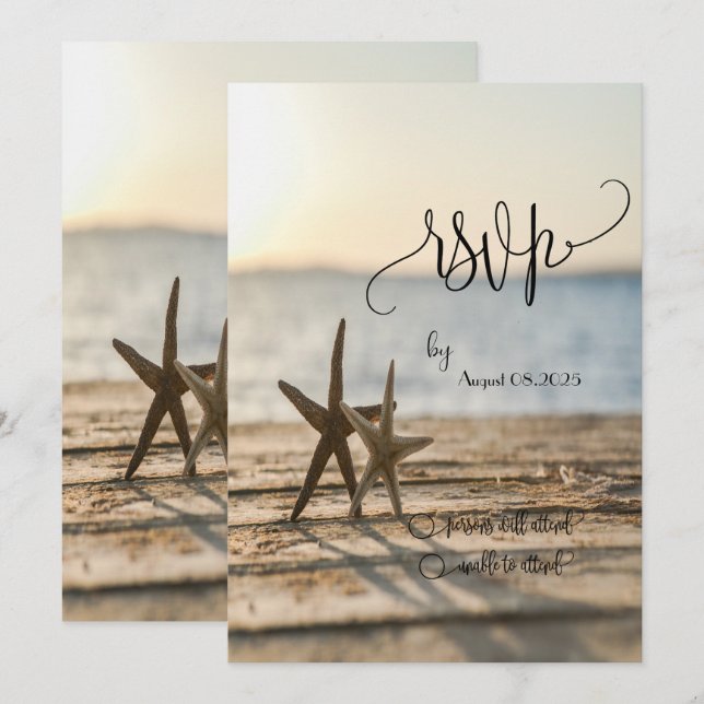 Sea stars Sand Beach Script RSVP   Invitation (Front/Back)