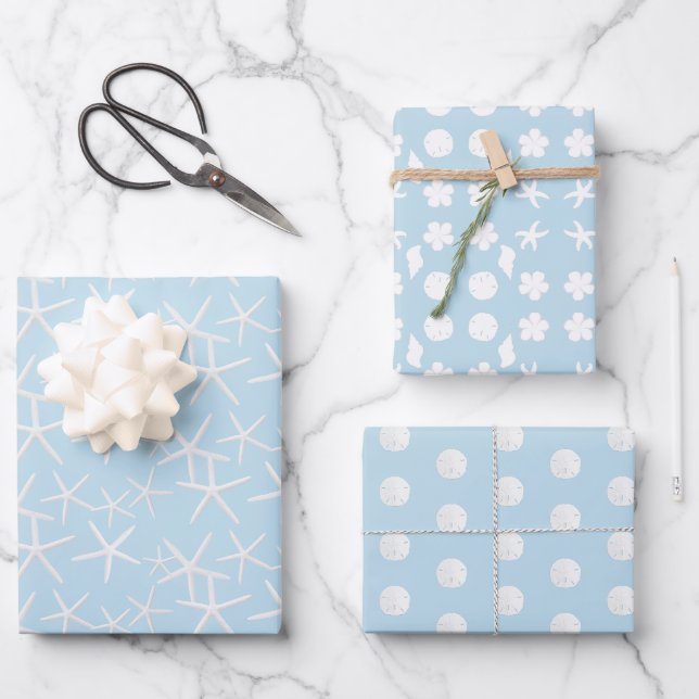 Sea Stars Sand Dollars Beach Baby Blue Wrapping Paper Sheet (Front)