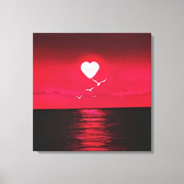 Sea Sunset Canvas Print with Heart Sun Love Text (Front)