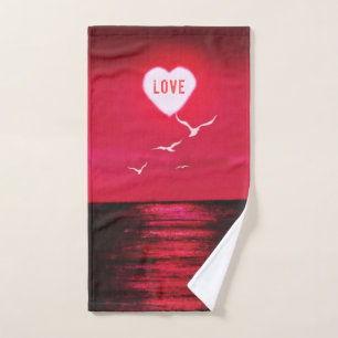 Sea Sunset Red Bath Towel Set Love Heart Sun