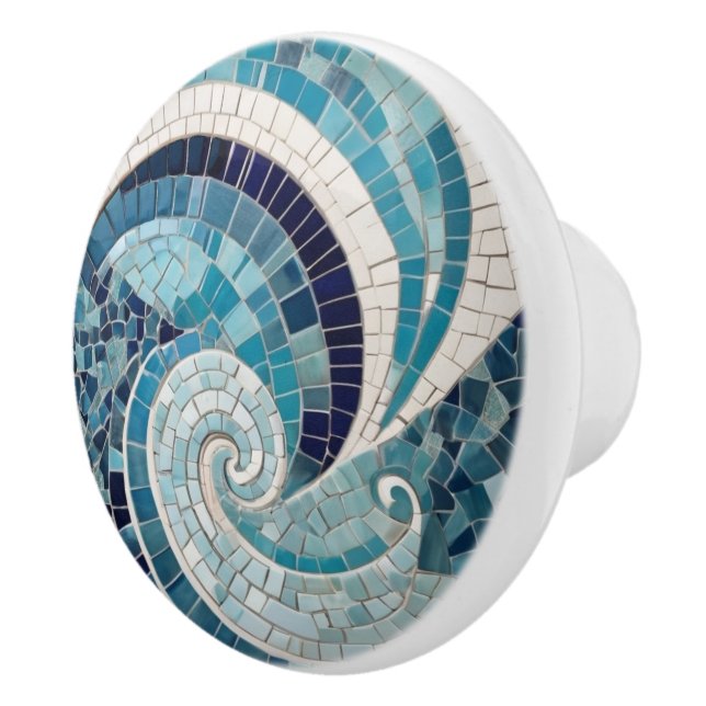 Sea Swirl Beach Wave Abstract Ocean Blue Mosaic Ceramic Knob (Right)
