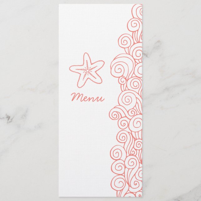 Sea swirl starfish coral white wedding dinner menu (Front)