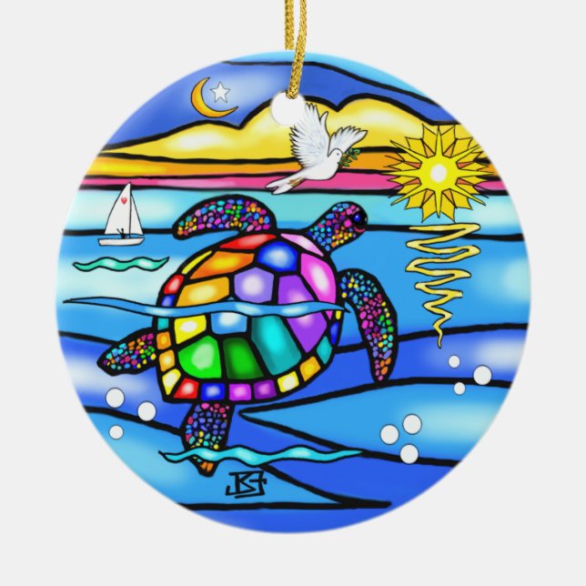 Sea Turtle (#8 - with dove) Ceramic Ornament (Front)
