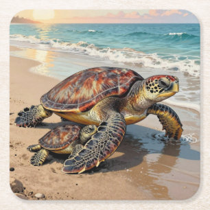 Sea Turtle and Baby Illustration  Square Paper Coaster