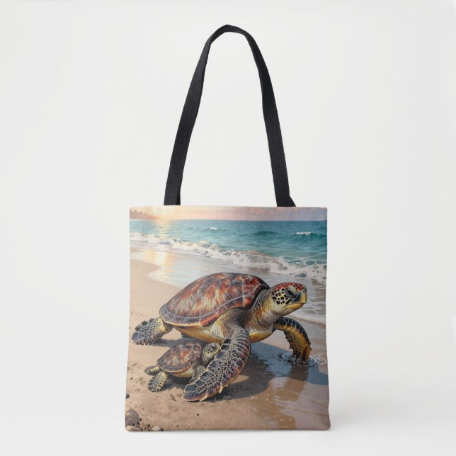 Sea Turtle and Baby Illustration  Tote Bag (Front)