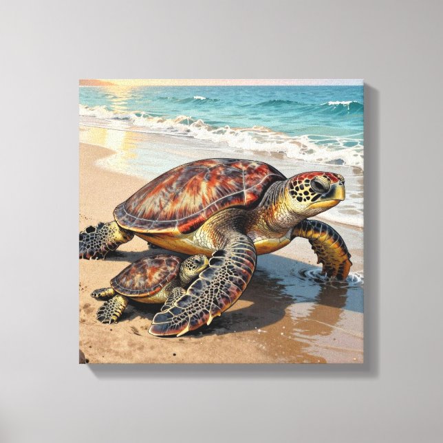 Sea Turtle and Baby on Beach Illustration Canvas Print (Front)