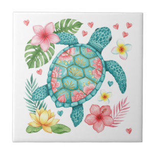 Sea Turtle and Tropical Flowers Tile