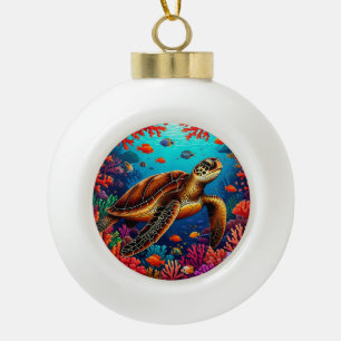 Sea Turtle and Vibrant Coral Reef Ceramic Ball Christmas Ornament