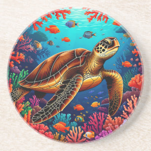 Sea Turtle and Vibrant Coral Reef Coaster