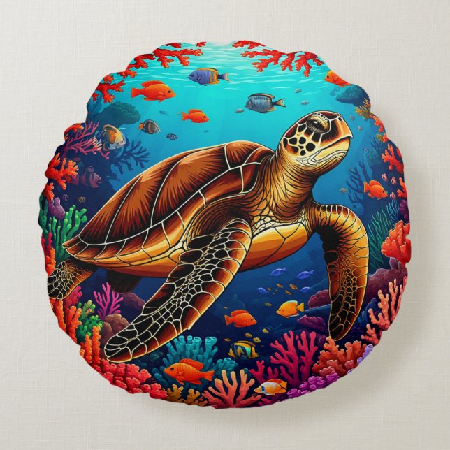 Sea Turtle and Vibrant Coral Reef Round Pillow (Front)
