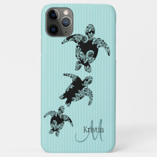 Sea Turtle Aqua Stripe with Monogram iPhone 11 Pro Max Case